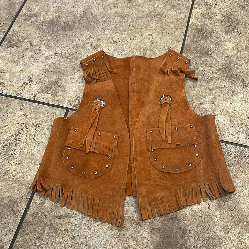 Vintage Leather Sears Kids Suede Fringe Vest L 6 - 6X